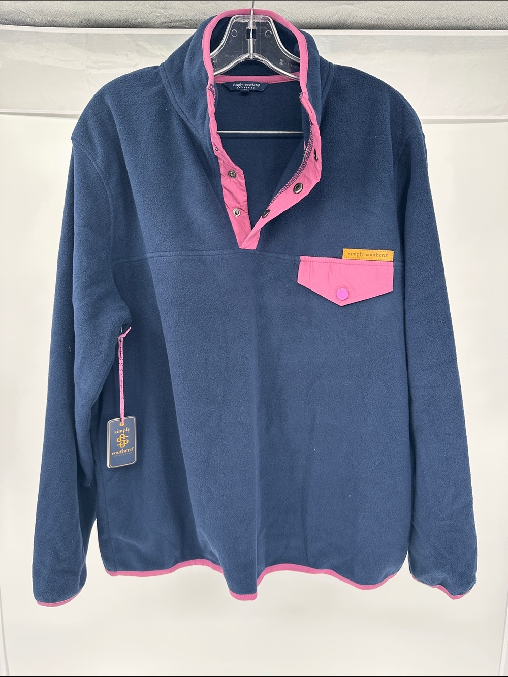 Simply Southern Navy Fleece Pullover with Pink Trim and Pocket